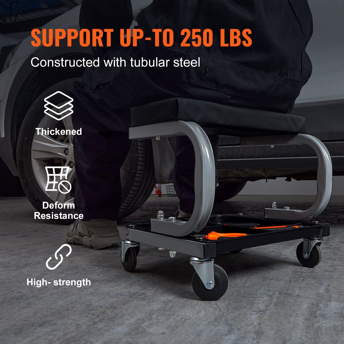 VEVOR Rolling Creeper Garage/Shop Seat, 250 LBS Capacity Padded Rolling Workshop Stool with Tool Tray Storage, Mechanic Stool for Garage, Shop, Auto Repair, Black 🍁 All In One Marketplace Canada