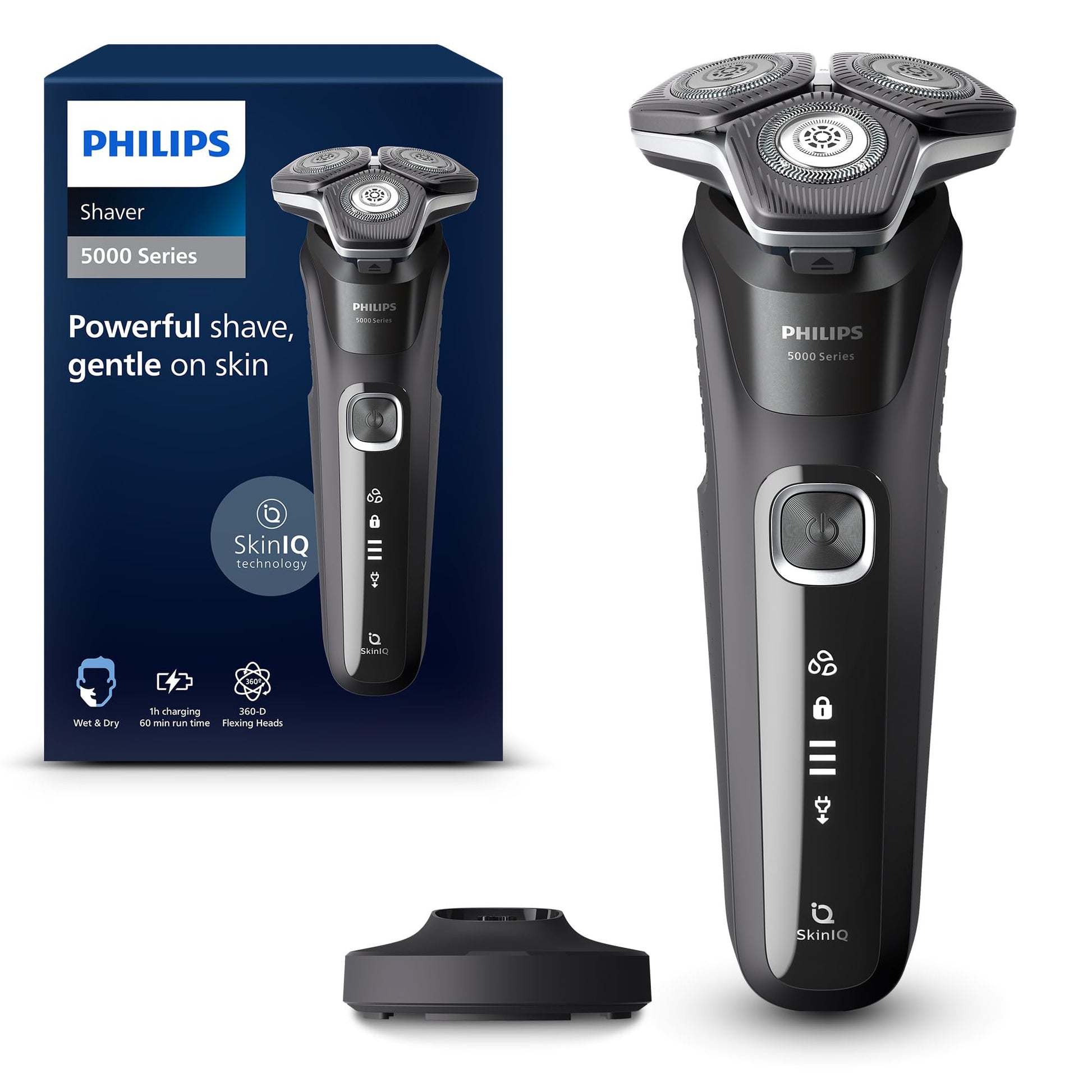 Philips Shaver Series 5000, Wet & Dry Electric Shaver, with SkinIQ Technology, Pop-up Trimmer, Charging Stand, Deep Black, Model S5898/25 - Available at All In One Marketplace Canada