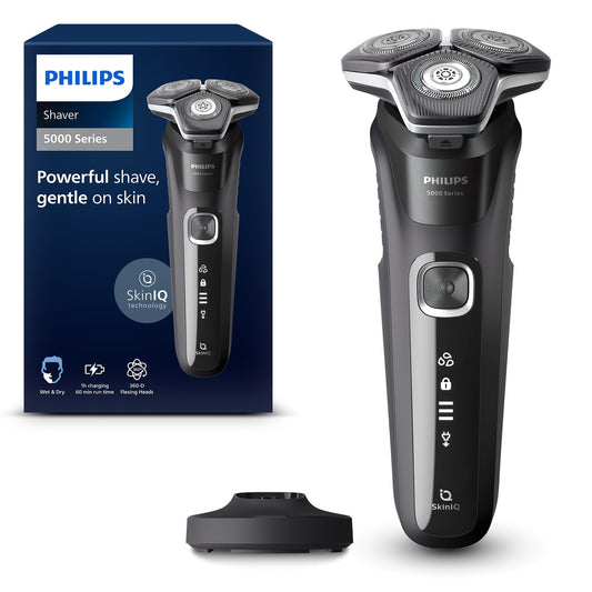 Philips Shaver Series 5000, Wet & Dry Electric Shaver, with SkinIQ Technology, Pop-up Trimmer, Charging Stand, Deep Black, Model S5898/25 - Available at All In One Marketplace Canada