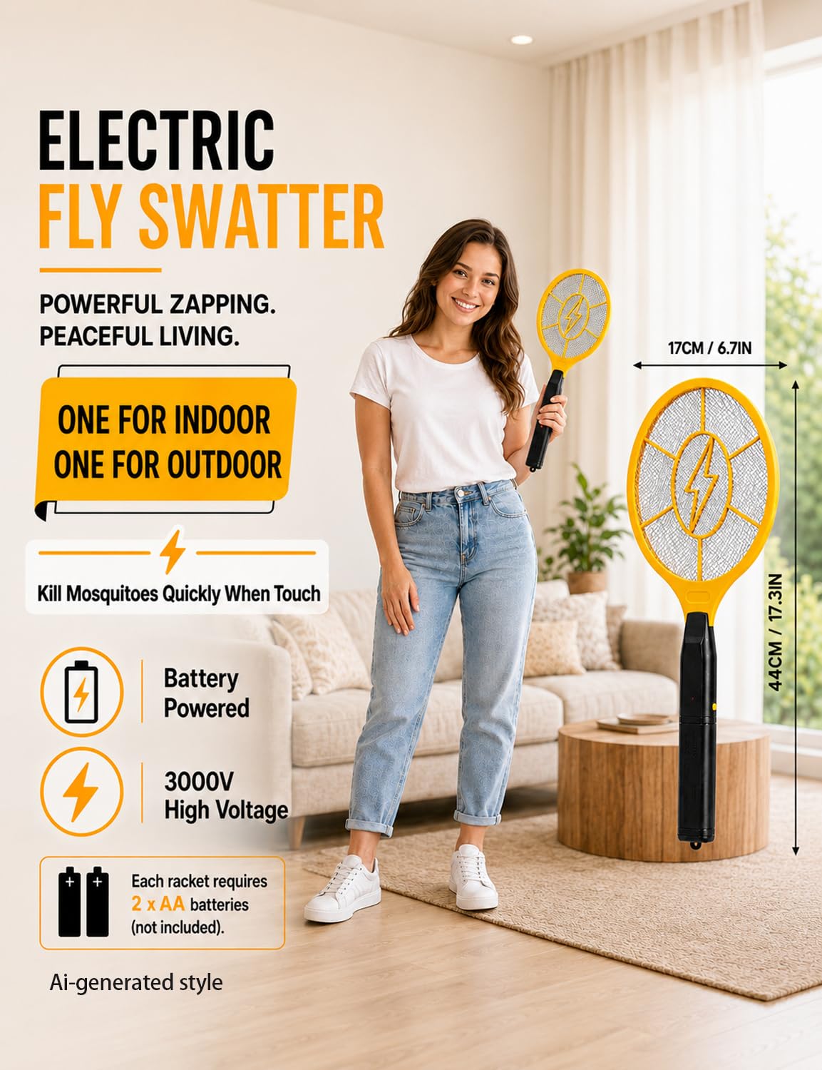 2 Pack Electric Fly Swatter, Bug Zapper Racket for Indoor Pest Control, Handheld Insect Killer Bat Battery Powered Electric Mosquito Swatter for Outdoor and Home