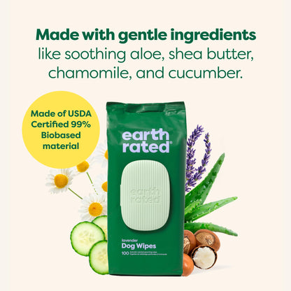 Earth Rated (A Canadian Company) Dog Wipes, Hypoallergenic, Cleaning and Hydrating, for Grooming Paws, Body and Butt, Lavender Scented, 400 Count