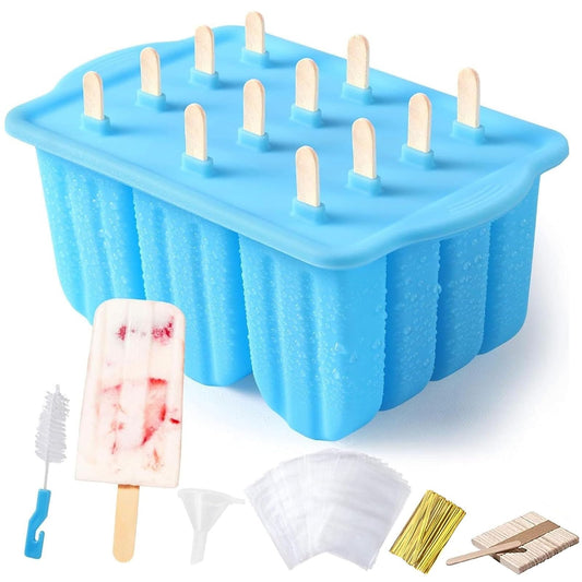 POLCANUR Popsicle Molds Silicone BPA-Free,12 Pieces Popsicle Trays for Freezer,Homemade Ice Cream Popsicle Molds,Large Ice Pop Maker Set,Reusable Ice Lolly Mould with 50PCS Popsicle Sticks - Available at All In One Marketplace Canada