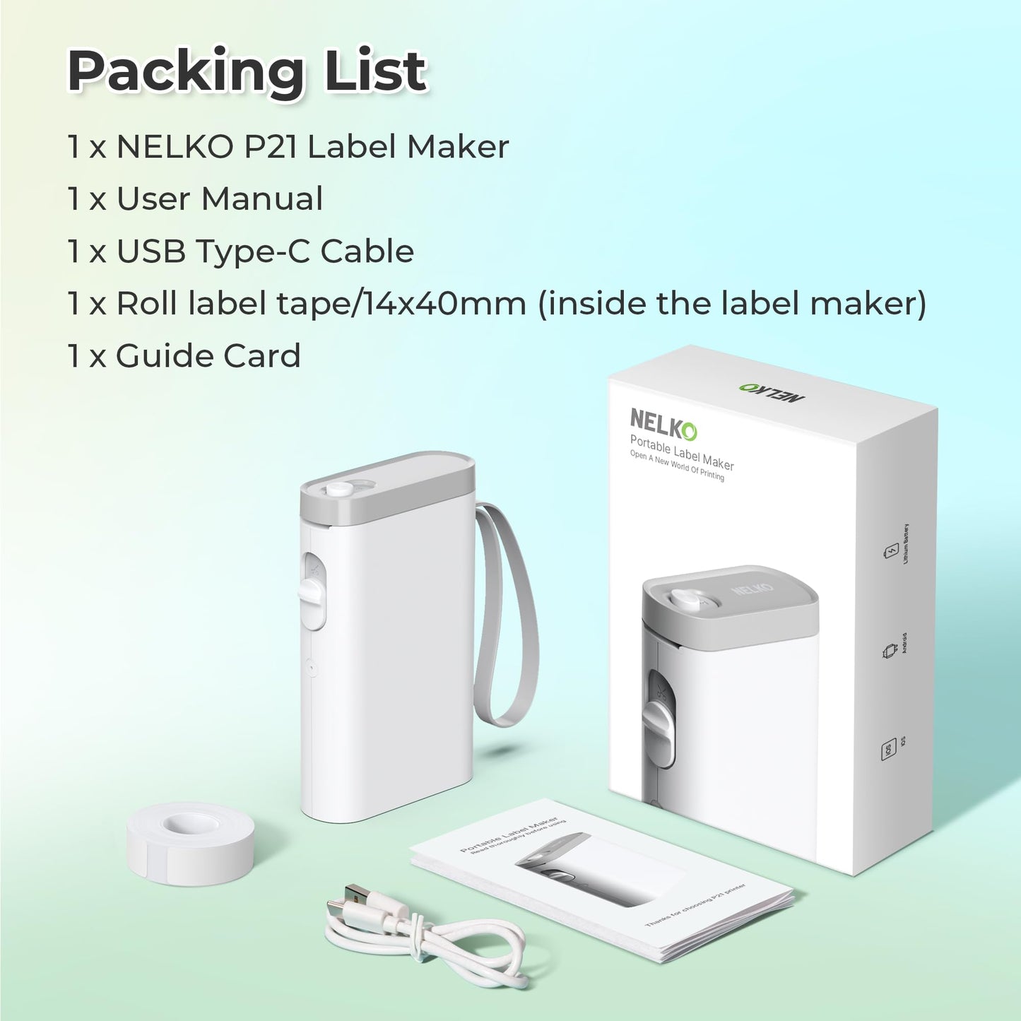 Nelko Label Maker Machine with Tape, P21 Portable Bluetooth Label Printer, Wireless Built-in Cutter Sticker Maker Mini Label Makers with Multiple Templates for School Organizing Office Home, White