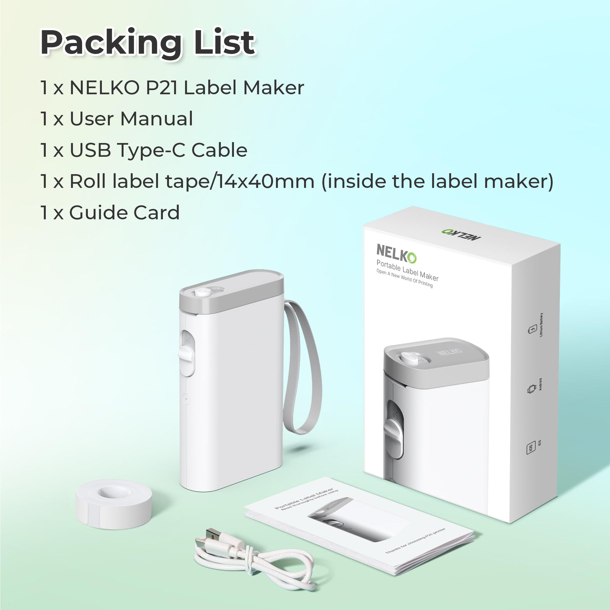 Nelko Label Maker Machine with Tape, P21 Portable Bluetooth Label Printer, Wireless Built-in Cutter Sticker Maker Mini Label Makers with Multiple Templates for School Organizing Office Home, White