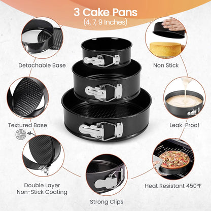 Cake Pans with Baking Supplies | 100 Pcs Springform Pan Set Includes 3 Round Non-Stick Moule a Gateau (4,7,9 inches Baking Pan)-Icing Tips-Leveler–Leak Proof Cheesecake Pan-Baking Set & EBook By RFAQK 🍁 All In One Marketplace Canada
