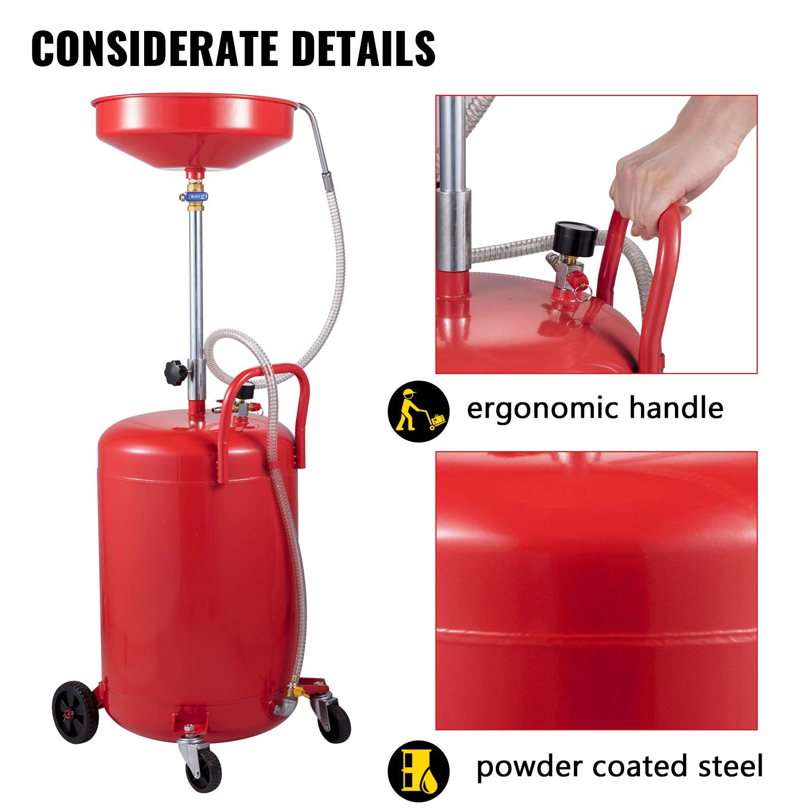 VEVOR Waste Oil Drain Tank 20 Gallon Portable Oil Drain Air Operated Drainer Oil Change, Oil Drain Container, Fluid Fuel Transfer Drainage Adjustable Funnel Height, with Wheel For Easy Oil Removal VEVOR