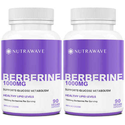 Nutrawave PURE Berberine MAXIMUM POTENCY 1000mg per Serving (2 capsules 500mg each) Supports Blood Sugar Levels, Healthy Lipid (Fat) and Glucose Metabolism. Non-GMO, Vegan, Gluten Free. 90 Easy to Swallow Capsules- 2 pack