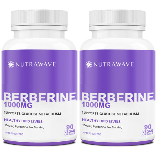 Nutrawave PURE Berberine MAXIMUM POTENCY 1000mg per Serving (2 capsules 500mg each) Supports Blood Sugar Levels, Healthy Lipid (Fat) and Glucose Metabolism. Non-GMO, Vegan, Gluten Free. 90 Easy to Swallow Capsules- 2 pack