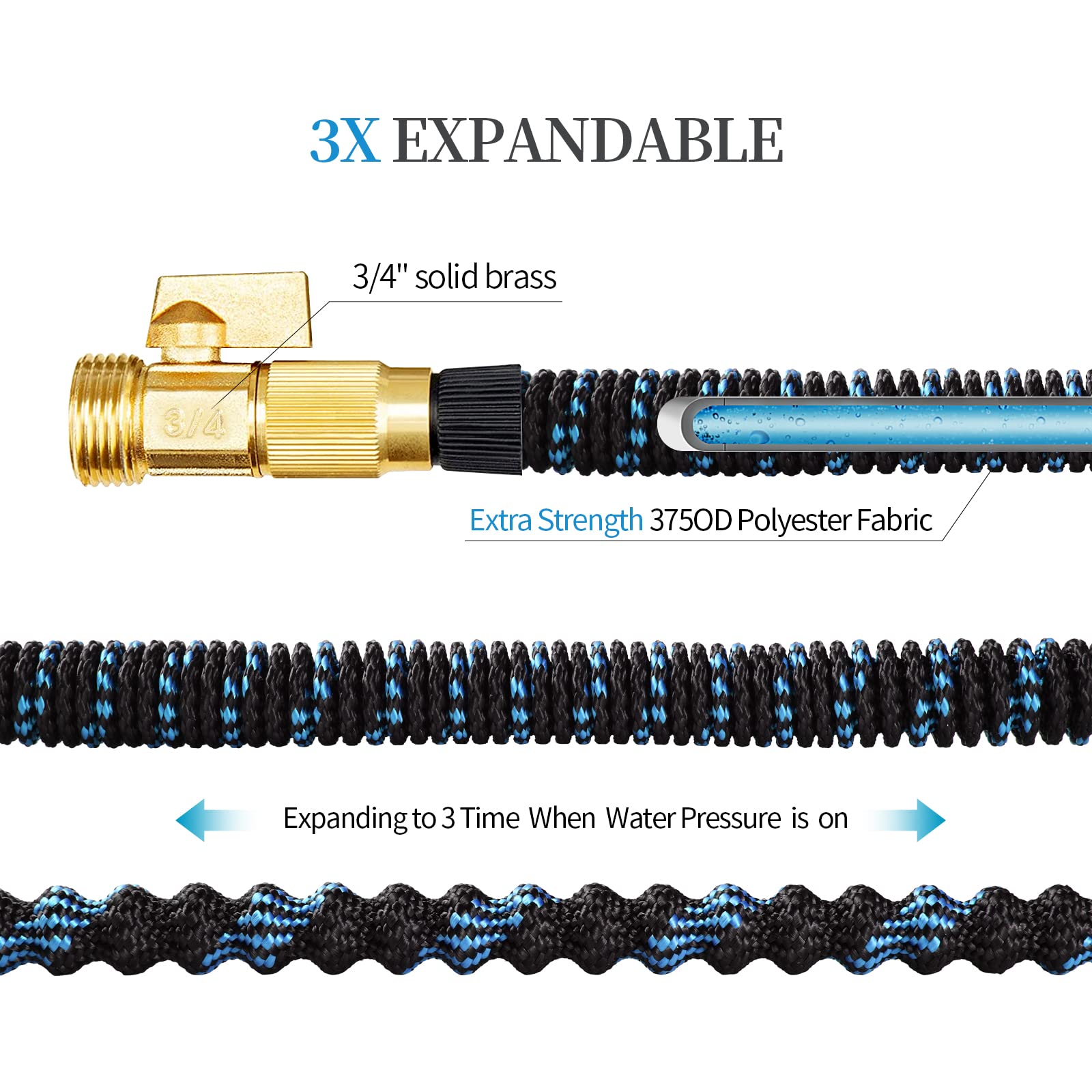Expandable Garden Hose, Water Hose 100ft with 10 Function Nozzle, Flexible Hose with 3/4" Solid Brass Fittings, Extra Strength Fabric, Easy Storage Kink Free, Black & Blue