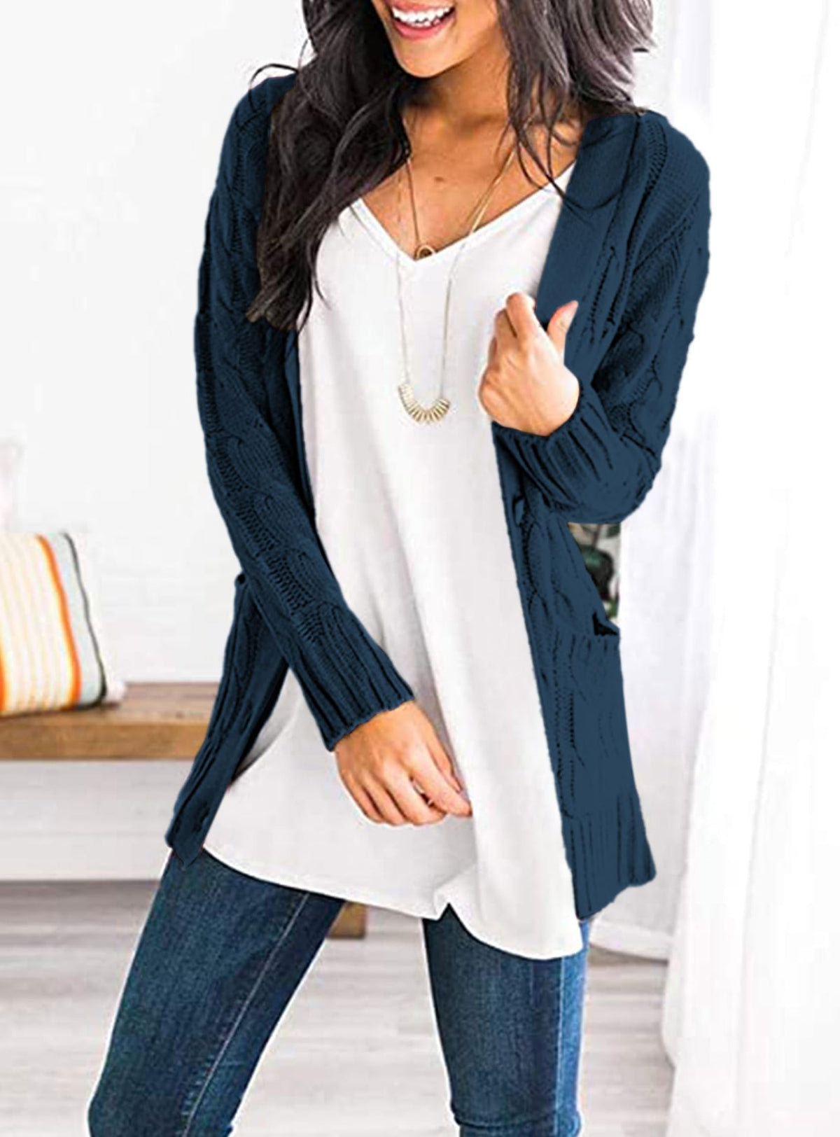 PRETTYGARDEN Women's Cable Knit Cardigan Sweaters Fall(Lake Blue,L) 🍁 All In One Marketplace Canada