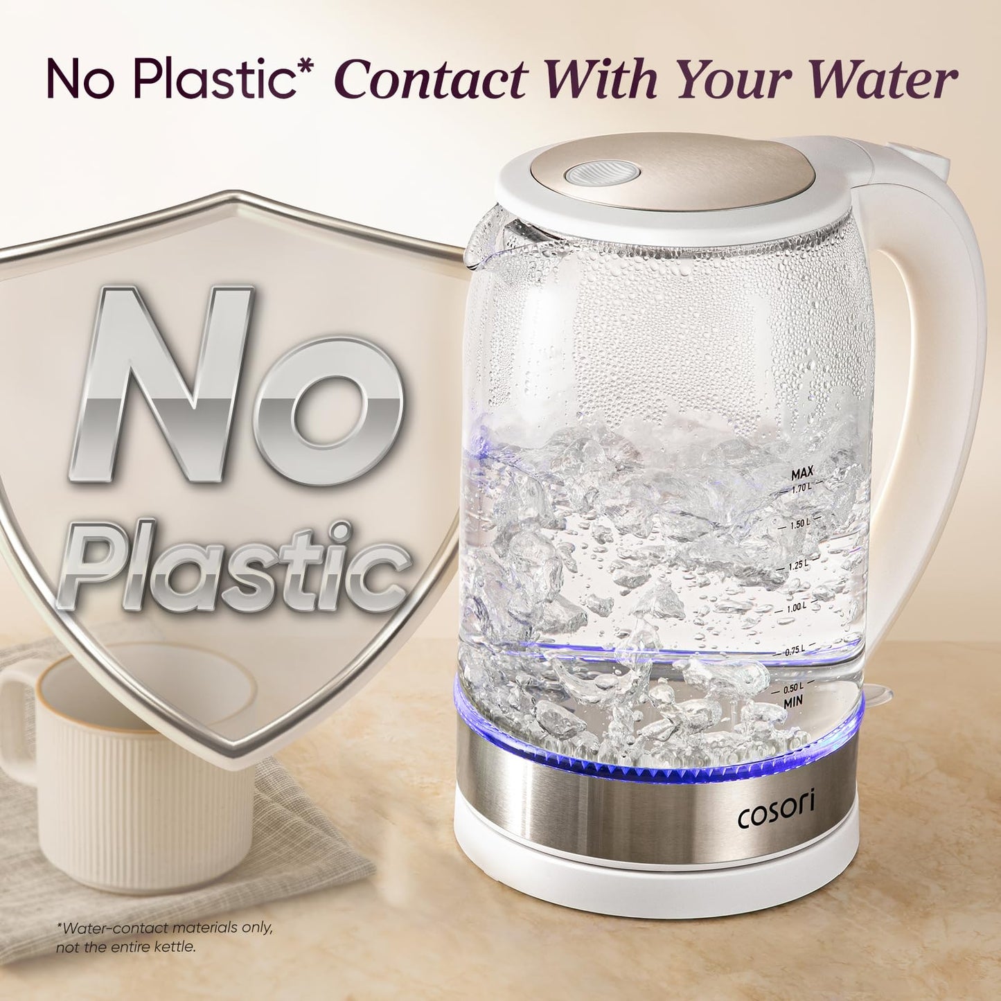 Cosori Glass Electric Kettle 1500W, Plastic-Free, 1.7L, Cordless, White
