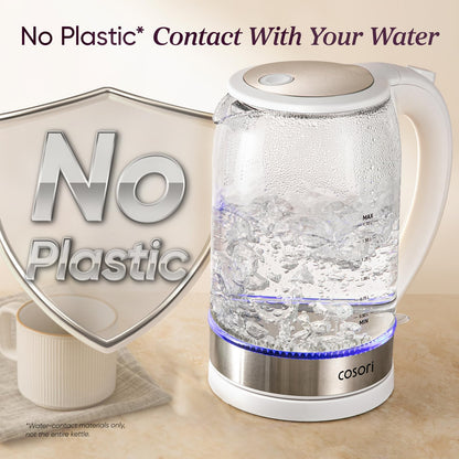 Cosori Glass Electric Kettle 1500W, Plastic-Free, 1.7L, Cordless, White