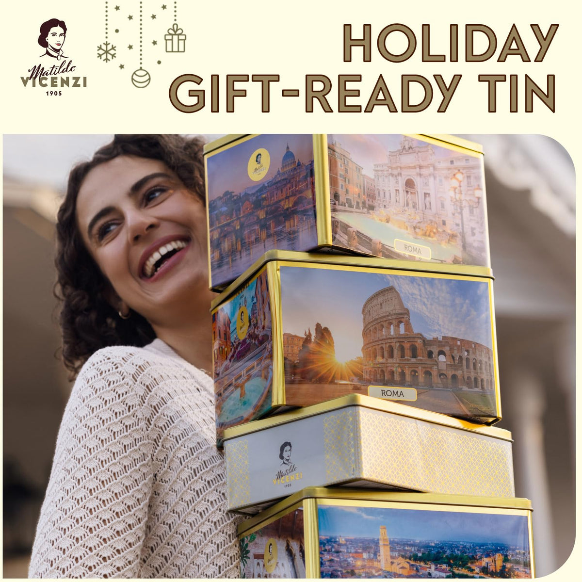 Matilde Vicenzi Roma Cookie Tin - Italian Pastries & Cookies in Individually Wrapped Trays - Bakery Dessert Gifts For Hosts, Birthdays and Thanksgiving - Puff Pastry, Assorted Cookies in Italian Design Gift Tin 32.5oz (920g)