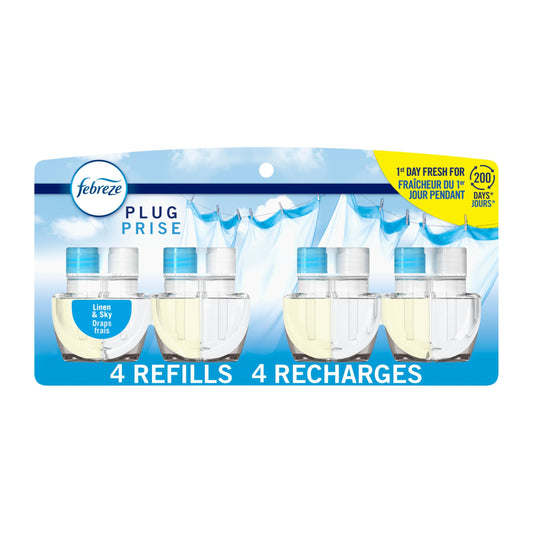 Febreze Plug In Air Freshener, Odor-Fighting Scented Oil Refill, Air Fresheners for Home and Bathroom and Kitchen, Long Lasting for Strong Odors, Linen & Sky Scent, 4 Count