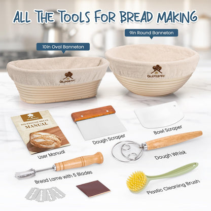 Glimsax Banneton Proofing Basket Set of 2, 9" Round & 10" Oval for Sourdough Baking, Bread Making Accessories and Tools Starter Kit, Gifts for Beginner and Professional Bakers - Available at All In One Marketplace Canada