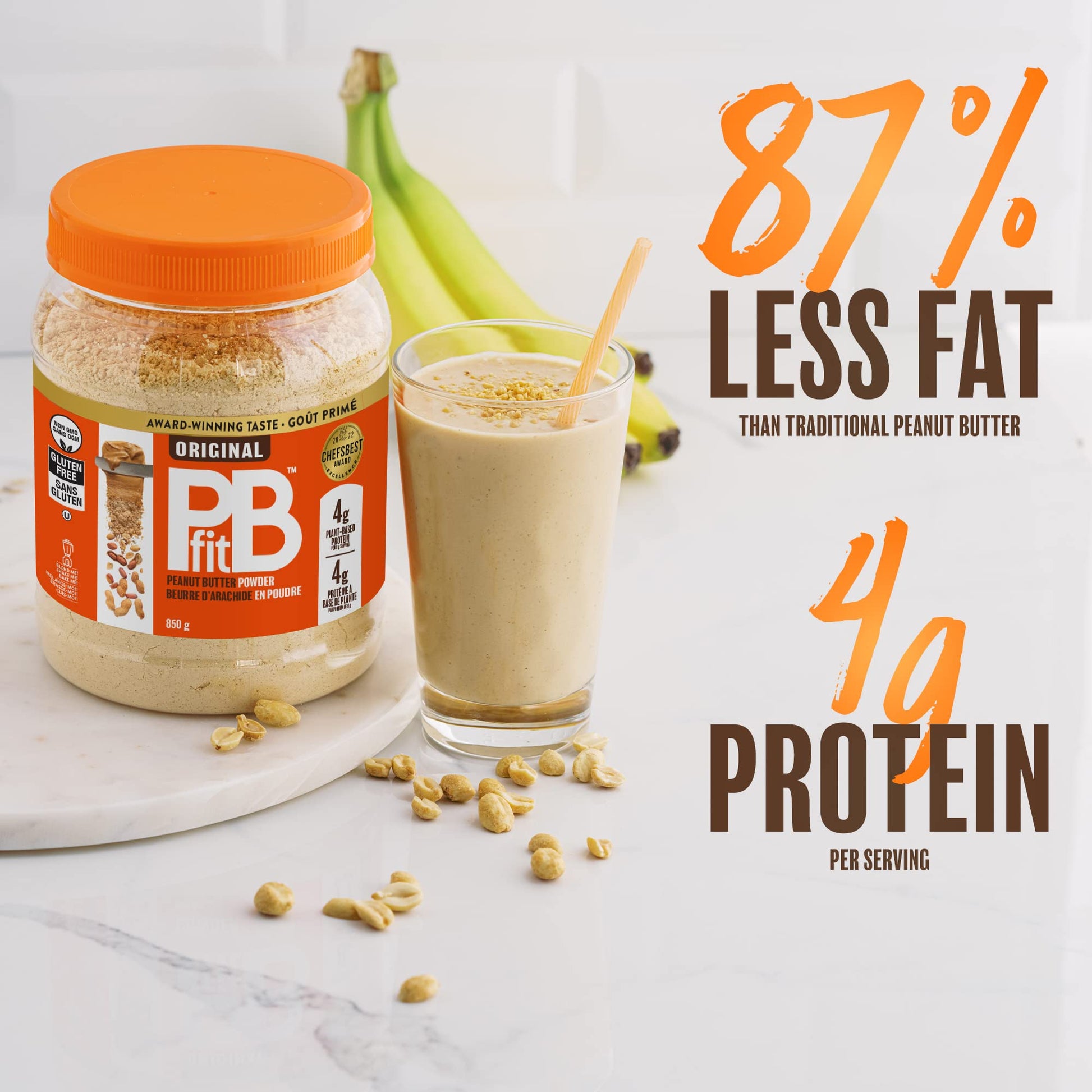 PBfit Powdered Peanut Butter - 87% Less Fat, 4g Protein Per Serving, Gluten Free - 850g (30 oz)