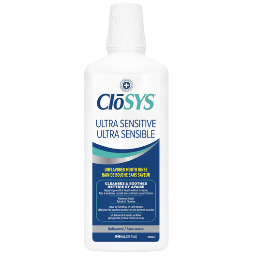 CloSYS Ultra-Sensitive Oral Rinse - Unflavored Mouthwash, Alcohol-Free, pH Balanced - Soothes Sensitivity, Eliminates Bad Breath - 32 oz - Available at All In One Marketplace Canada
