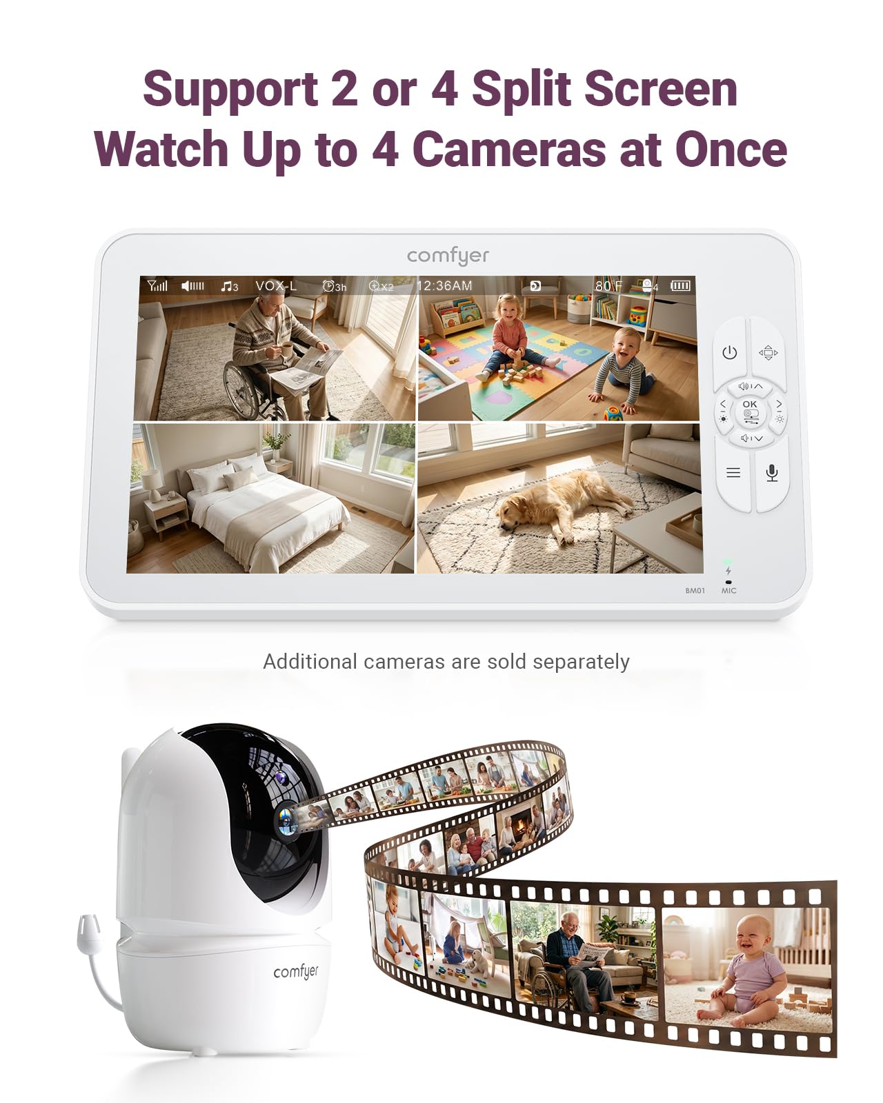 Comfyer BM01 7" HD Split-Screen Baby Monitor with 2 Cameras, Video Baby Monitor with Camera and Audio, Flexible Bracket, Non-WiFi, VOX Mode, 2 Way Audio, Remote PTZ, Auto Night Vision