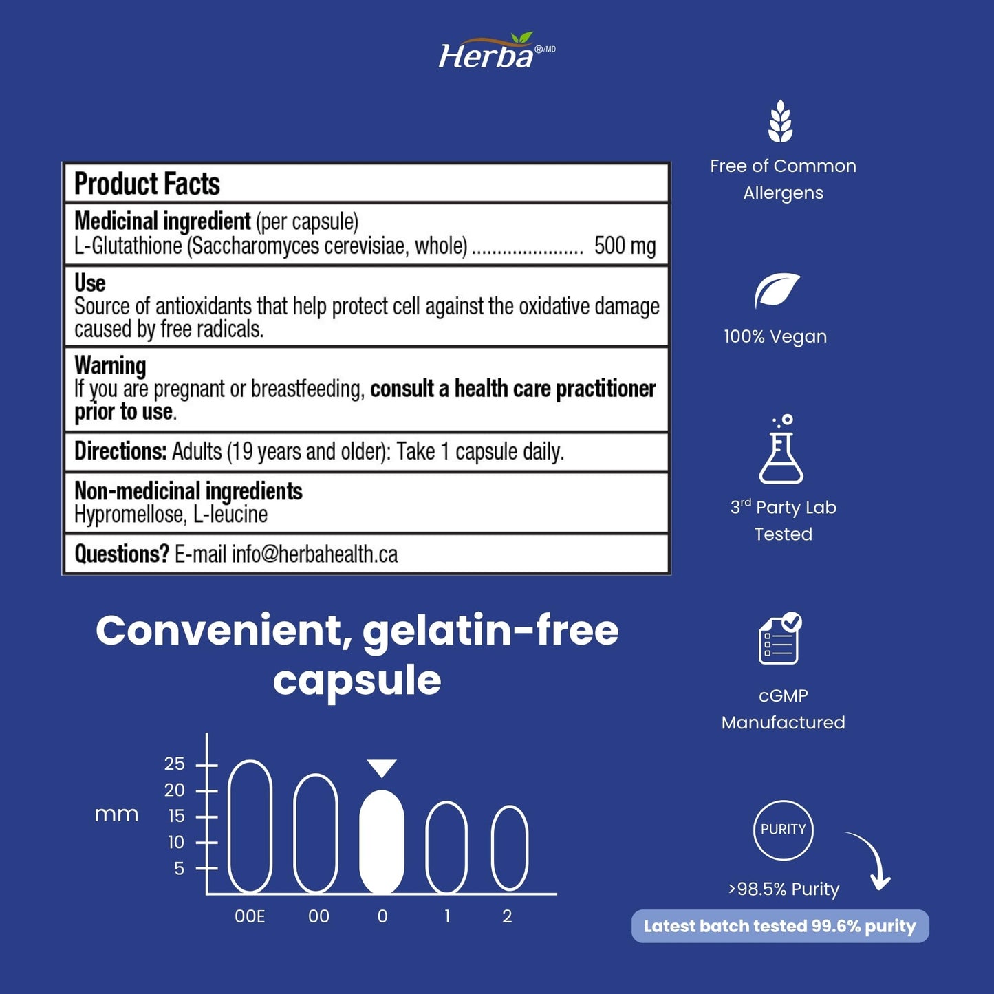 Herba Glutathione Supplement 500mg - 60 Vegetable Capsules | L Glutathione Reduced Active Form | Super Glutathione 500mg Capsule for Antioxidants | >98.5% Purity | Made in Canada - Available at All In One Marketplace Canada