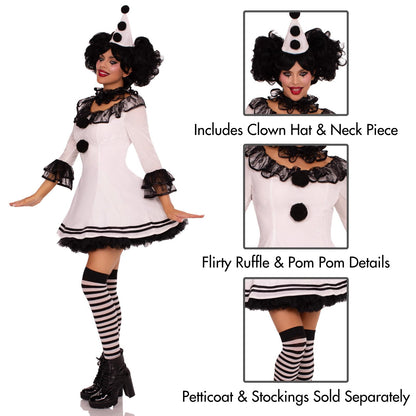 Leg Avenue Women's 3 Pc Pierrot Clown Halloween Costume, White/Black, Medium/Large