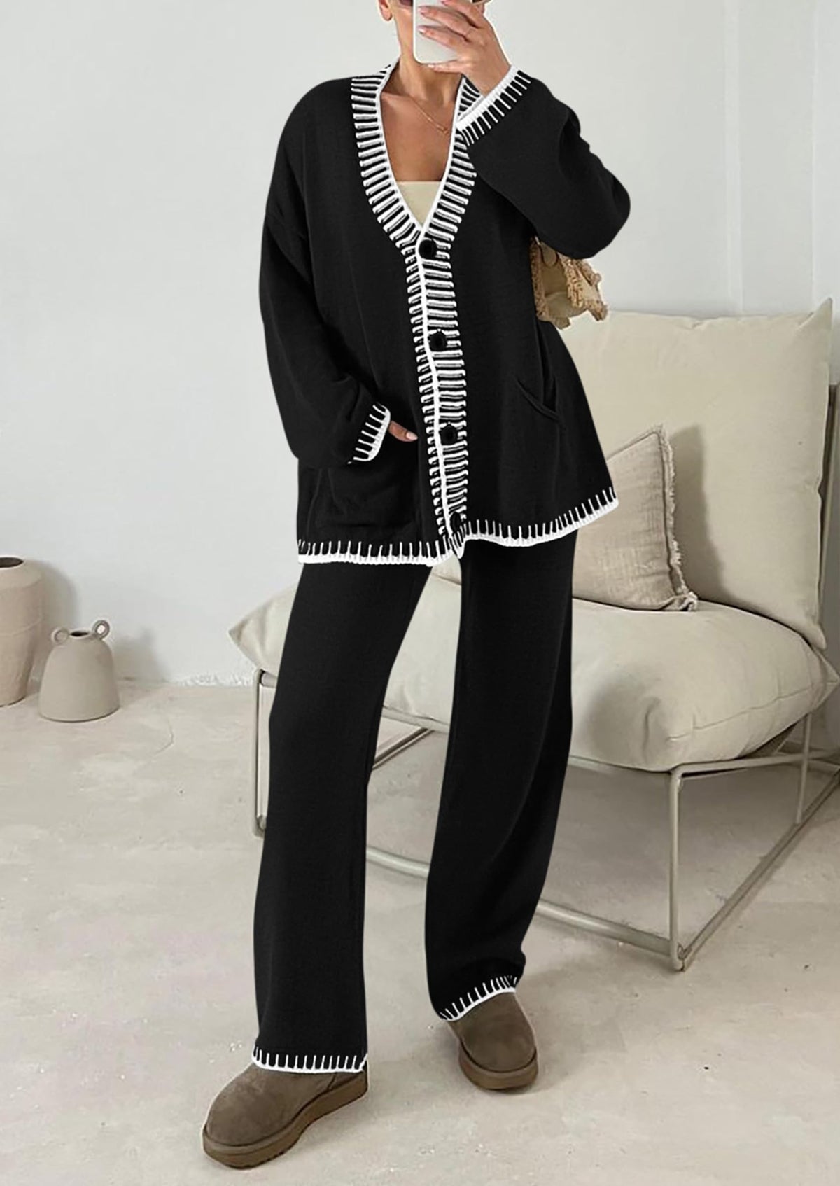 PRETTYGARDEN Women's Fall 2 Piece Knit Sweater Lounge Set(Black,XL) 🍁 All In One Marketplace Canada