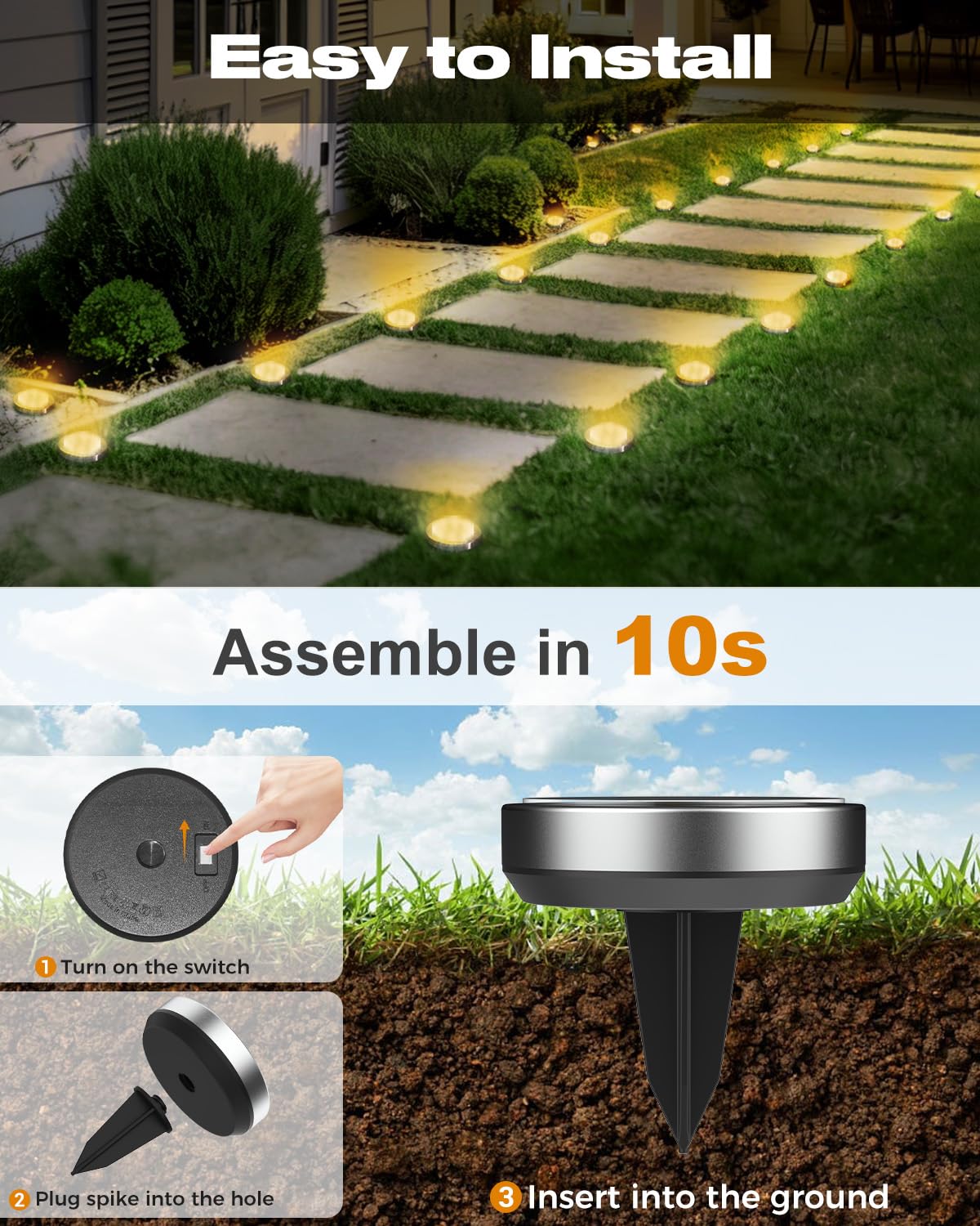 btfarm Solar Ground Lights, 10 Pack 8LED Solar Lights Outdoor Waterproof Garden, Pathway Lights Solar Powered in-Ground Lights, Disk Lights Landscape Lighting for Lawn Patio Yard Driveway, Warm White