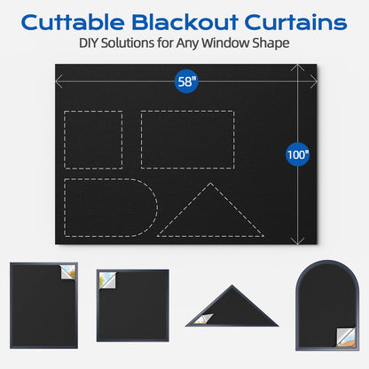 Blackout Curtains for Bedroom, 100" x 58" Portable Blackout Blinds with 20 Sets Hooks & Loops Strips for 100% Blackout Window Film, Temporary Blackout Shades for Windows Cover Nursery Travel RV- Black