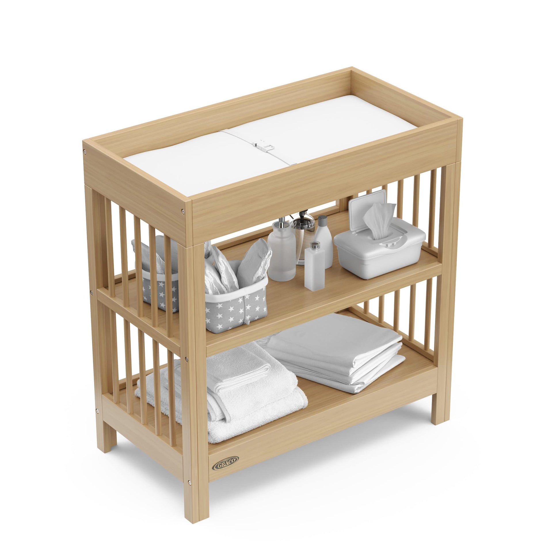 Graco Teddi Changing Table with Water-Resistant Changing Pad (Driftwood) - GREENGUARD Gold Certified, 2 Open Shelves, Includes Bonus Water-Resistant Changing Pad with Safety Strap Graco