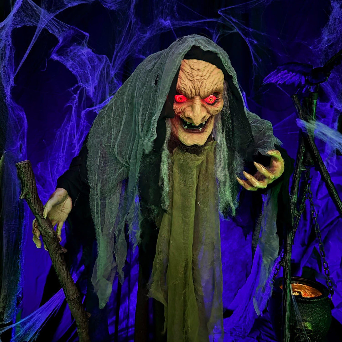 Haunted Hill Farm Life-Size Scary Poseable Talking Witch, Halloween Animatronic with Touch Activated Lights and Sound, Battery Operated Indoor or Covered Outdoor Halloween Decorations, Halloween Prop