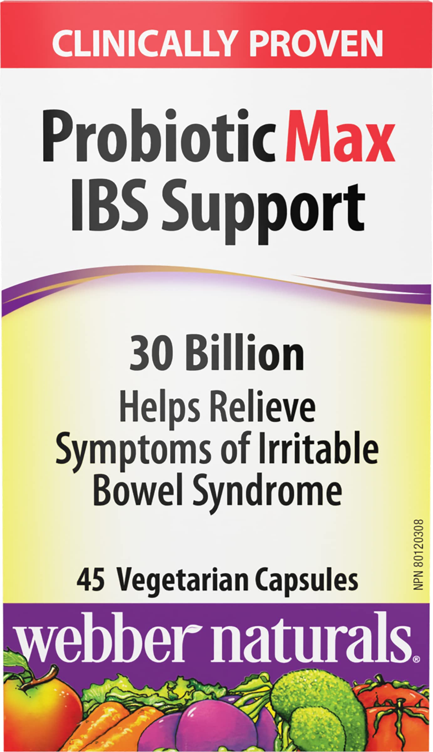 Webber Naturals Probiotic Max IBS Support, 30 Billion Active Cells, 5 Probiotic Strains, 45 Capsules, Helps Reduce Symptoms of Irritable Bowel Syndrome, Vegetarian - Available at All In One Marketplace Canada