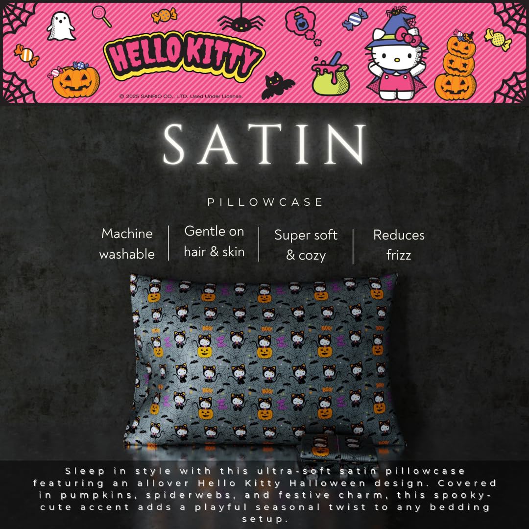 Taie d'oreiller réversible standard Sanrio Hello Kitty squelette Halloween, en satin soyeux pour cheveux et peau, 50x76 cm (produit sous licence officielle) par Franco Collectibles