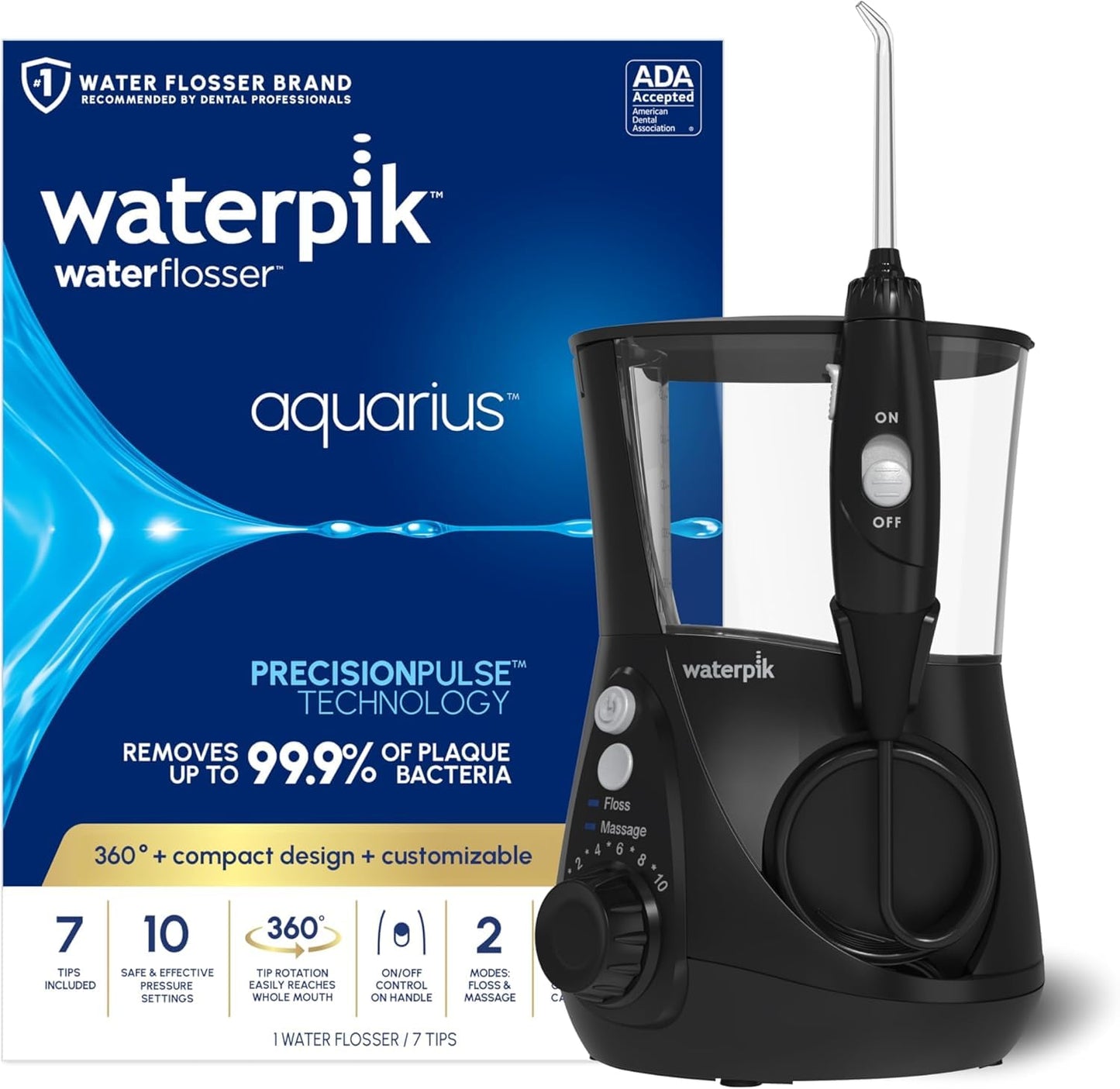 Waterpik Aquarius Water Flosser For Teeth Cleaning, Gums, Braces, Dental Care, Electric Power With 10 Settings, 7 Tips For Multiple Users & Needs, CDA Validated, Black WP-662, Packaging May Vary - Available at All In One Marketplace Canada