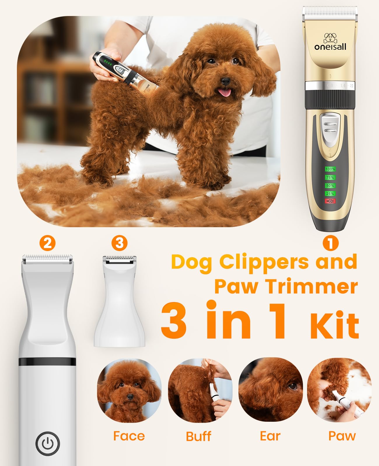 oneisall Dog Clippers and Paw Trimmer Kit 2 in 1 Low Noise Cordless Dog Clippers for Grooming Pet Hair Trimmers for Small and Large Dogs Cats Animals - Available at All In One Marketplace Canada