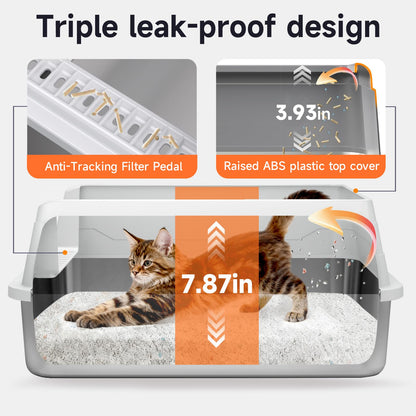Stainless Steel Cat Litter Box, Odor Free Metal Litter Box with High Sides Lid, Open Top Low Entry Litter Pan Include Scoop Easy Cleaning Anti-Scratch Kitty Cat Box Anti-Urine Leakage, Non-Sticky - Available at All In One Marketplace Canada