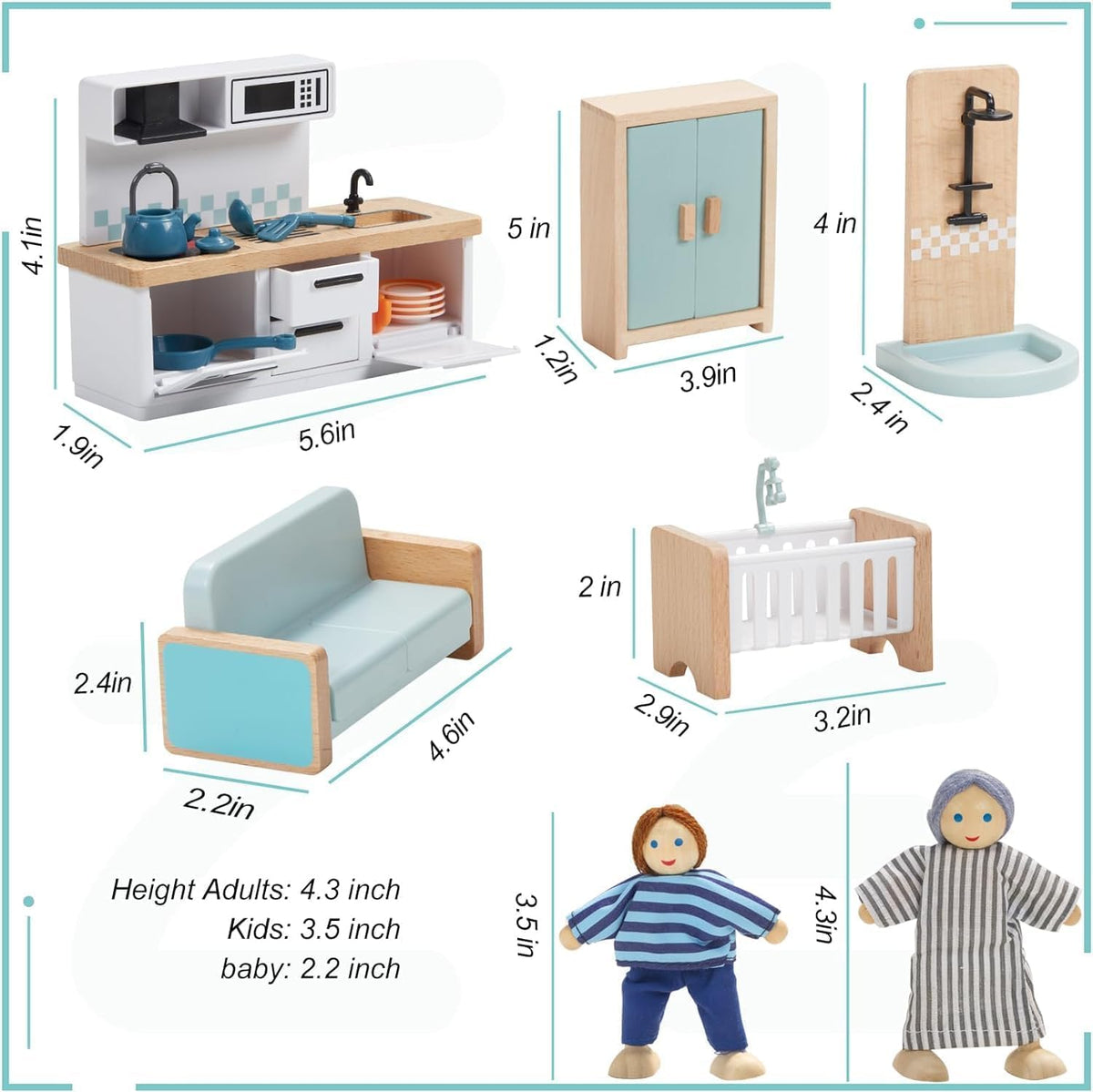 Giant bean 36pcs Wooden Dollhouse Furniture Set 5 Rooms 4 Family Dolls 🍁 All In One Marketplace Canada