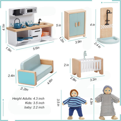 Giant bean 36pcs Wooden Dollhouse Furniture Set 5 Rooms 4 Family Dolls 🍁 All In One Marketplace Canada