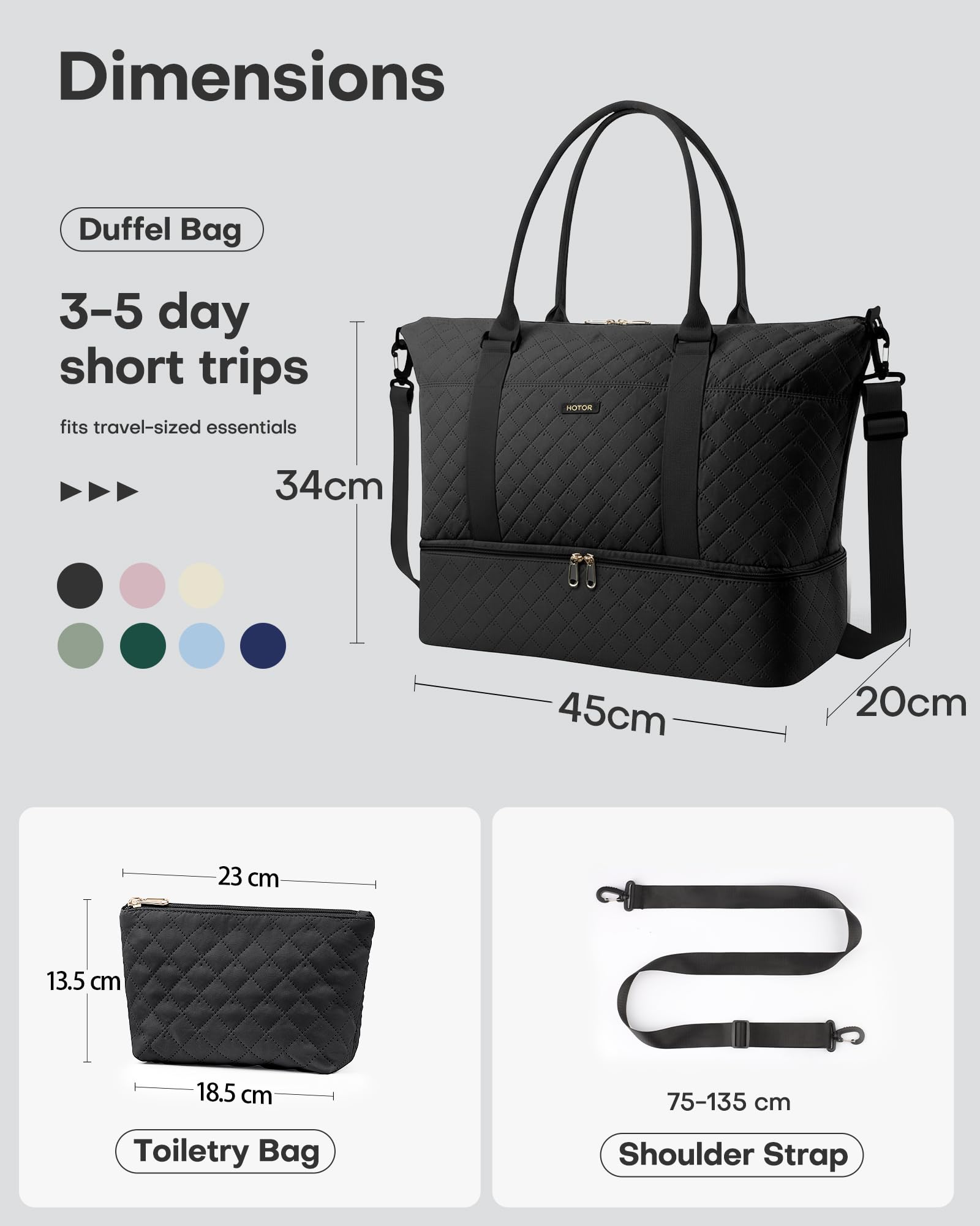 HOTOR Travel Duffel Bag - Large Weekender Bags for Women, Carry On Bag with Shoe Compartment, Overnight Bag with Toiletry Bag for Travel Essentials and Travel Accessories, Black, 34.0 x 45.0 x 20.0 cm - Available at All In One Marketplace Canada