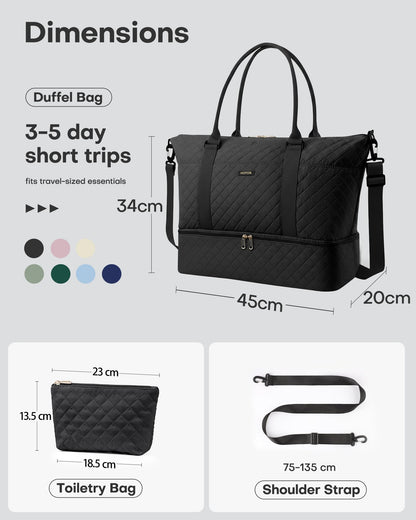 HOTOR Travel Duffel Bag - Large Weekender Bags for Women, Carry On Bag with Shoe Compartment, Overnight Bag with Toiletry Bag for Travel Essentials and Travel Accessories, Black, 34.0 x 45.0 x 20.0 cm - Available at All In One Marketplace Canada