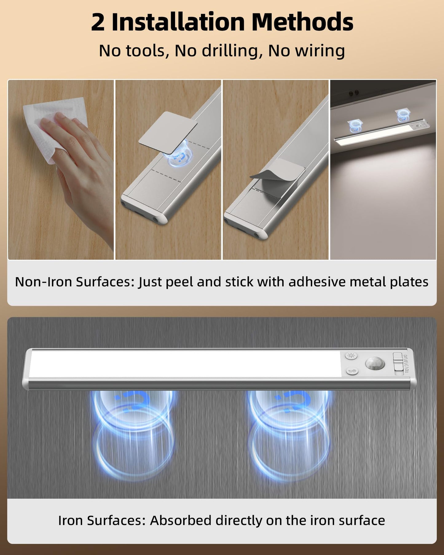 EZVALO 10inch Under Cabinet Lighting, 2500mAh Rechargeable Motion Sensor Lights Indoor with 3 Color Temps, 2 Pack Magnetic Closet Light, 80 LED Dimmable Under Counter Lights for Kitchen, Shelf, Stair - Available at All In One Marketplace Canada