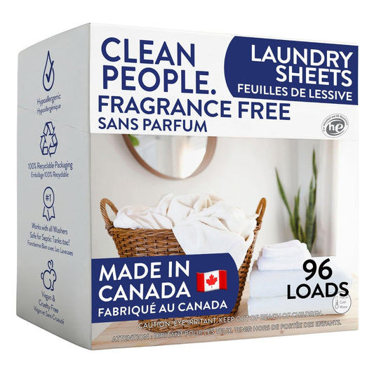 Clean People Laundry Detergent Sheets - Recyclable Packaging, Hypoallergenic, Stain Fighting - Ultra Concentrated, Laundry Soap - Fragrance Free, 96 Pack