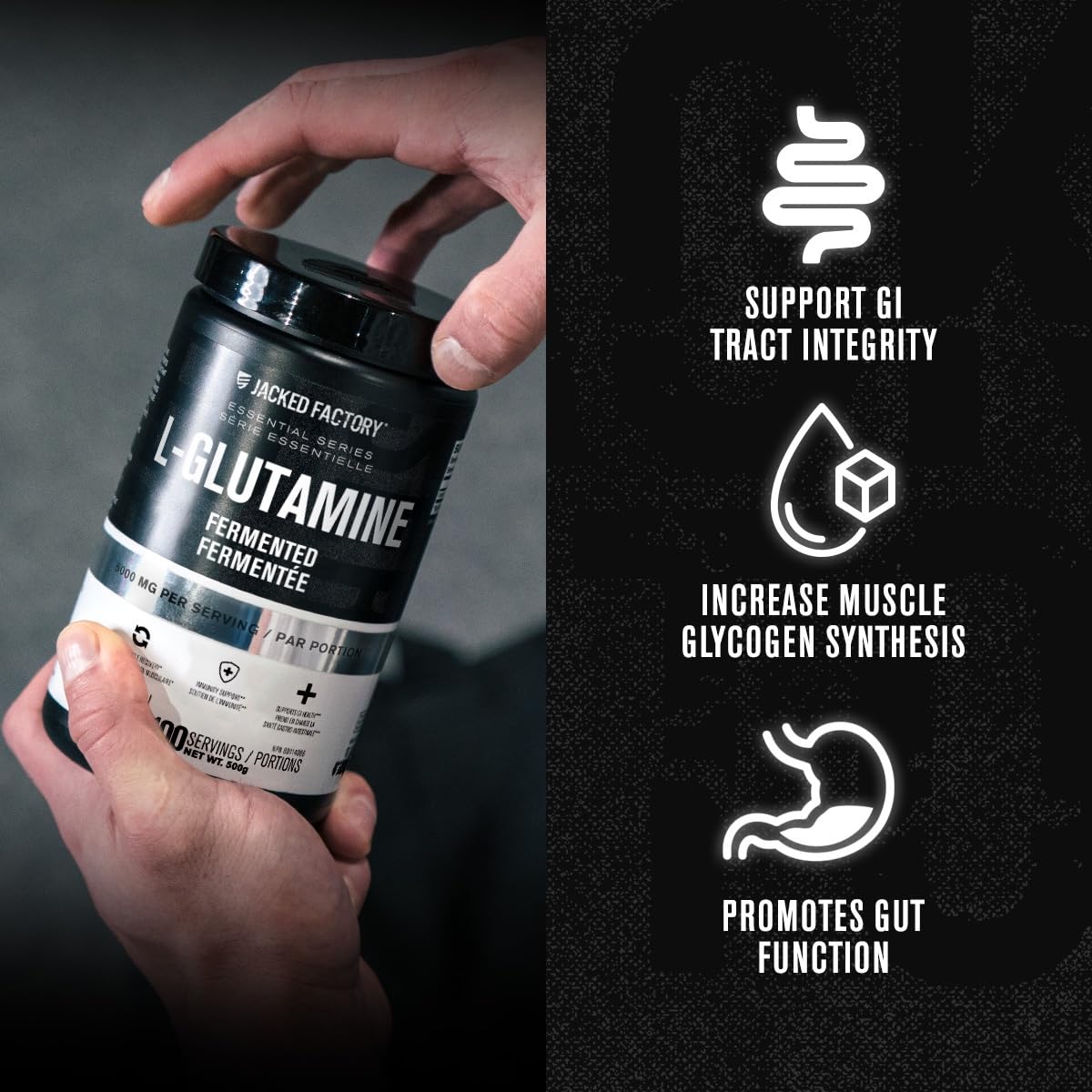 L-Glutamine Powder 500g, 100 Servings - Vegan Fermented L Glutamine for Post Workout Muscle Recovery, Immunity, Digestive Health - Tested & Trusted, No Artificial Fillers - Unflavored - Available at All In One Marketplace Canada
