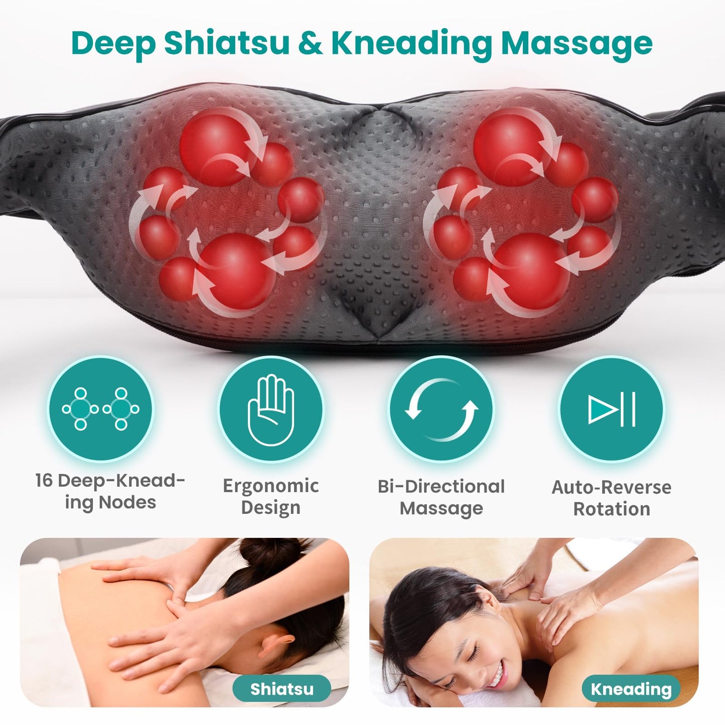 Nekteck Shiatsu Back Neck Massager,2026 Upgraded 3D Back Shoulder Kneading Massage Pillow, Deep Kneading Shoulder Massager with Heat, Waist Massage Pillow for Home Car and Office Use (NOT Cordless) - Available at All In One Marketplace Canada