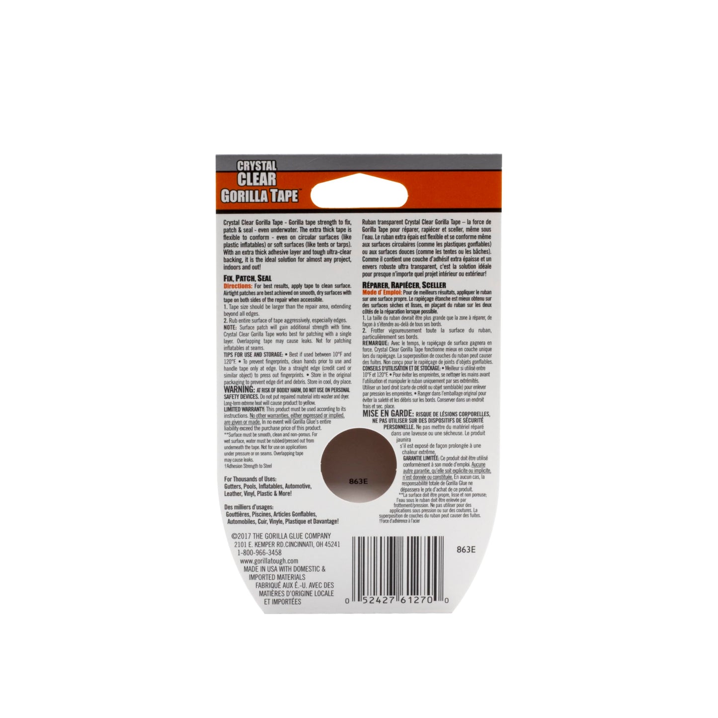 Gorilla Crystal Clear Tape, Duct, Utility, Non-Yellowing, Heavy Duty, Extra Thick Adhesive, Flexible, UV Temperature Resistant, 1.88 in x 27 ft, (Pack of 1), 6127002