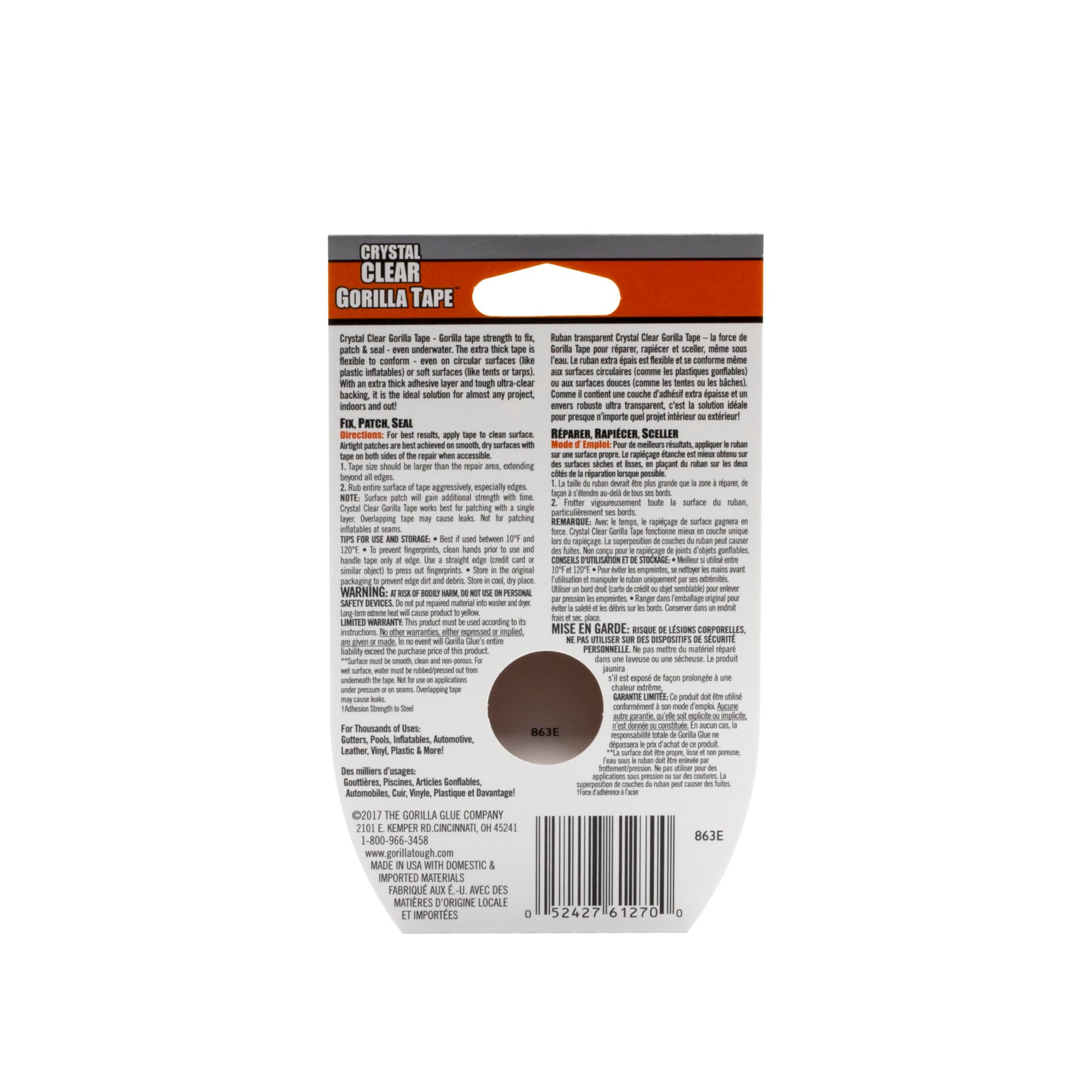 Gorilla Crystal Clear Tape, Duct, Utility, Non-Yellowing, Heavy Duty, Extra Thick Adhesive, Flexible, UV Temperature Resistant, 1.88 in x 27 ft, (Pack of 1), 6127002