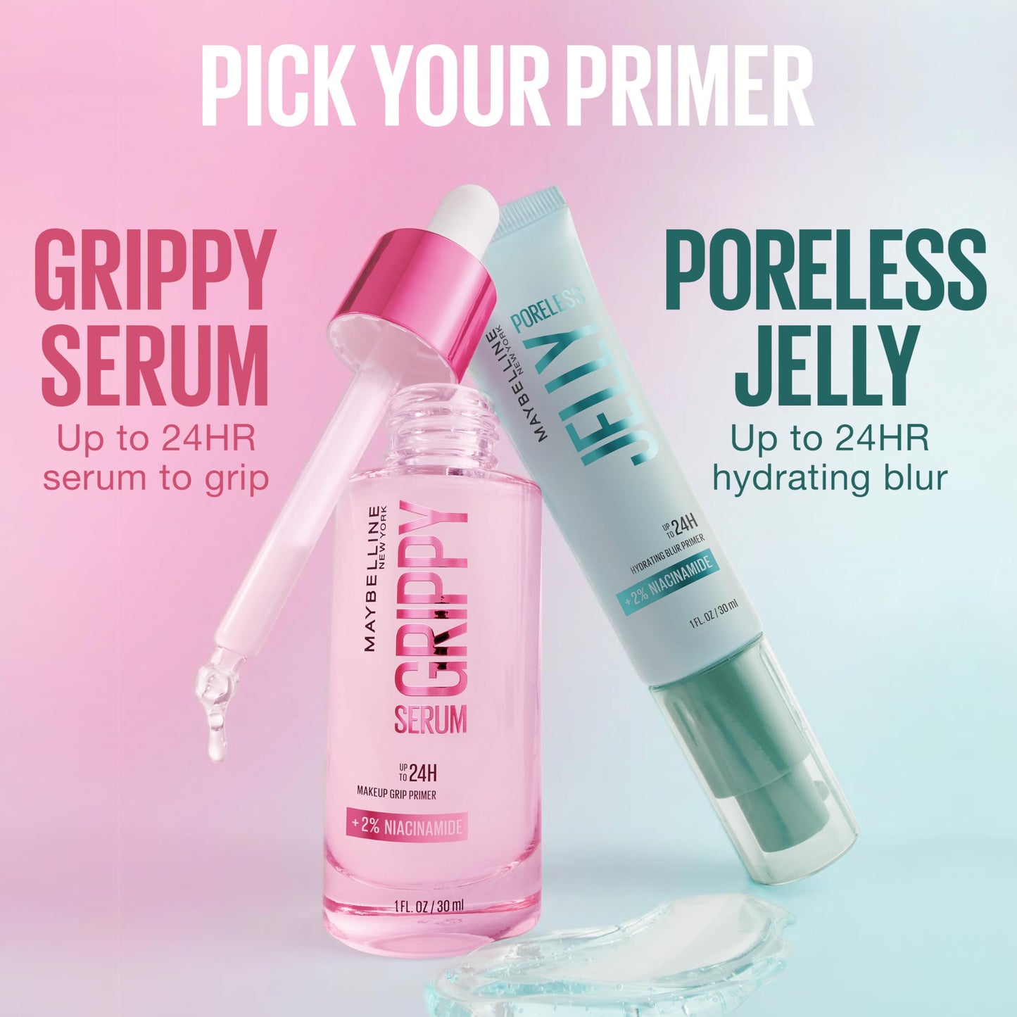 Maybelline Grippy Serum Primer, Hydrating Makeup Primer with 2% Niacinamide For Up To 24HR Make Up Wear, Glides Like Serum, Plumped Skin Look, Clear, 30 ml - Available at All In One Marketplace Canada