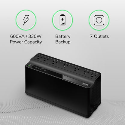 APC UPS Battery Backup & Surge Protector with USB Charger, 600VA APC Back-UPS (BE600M1)