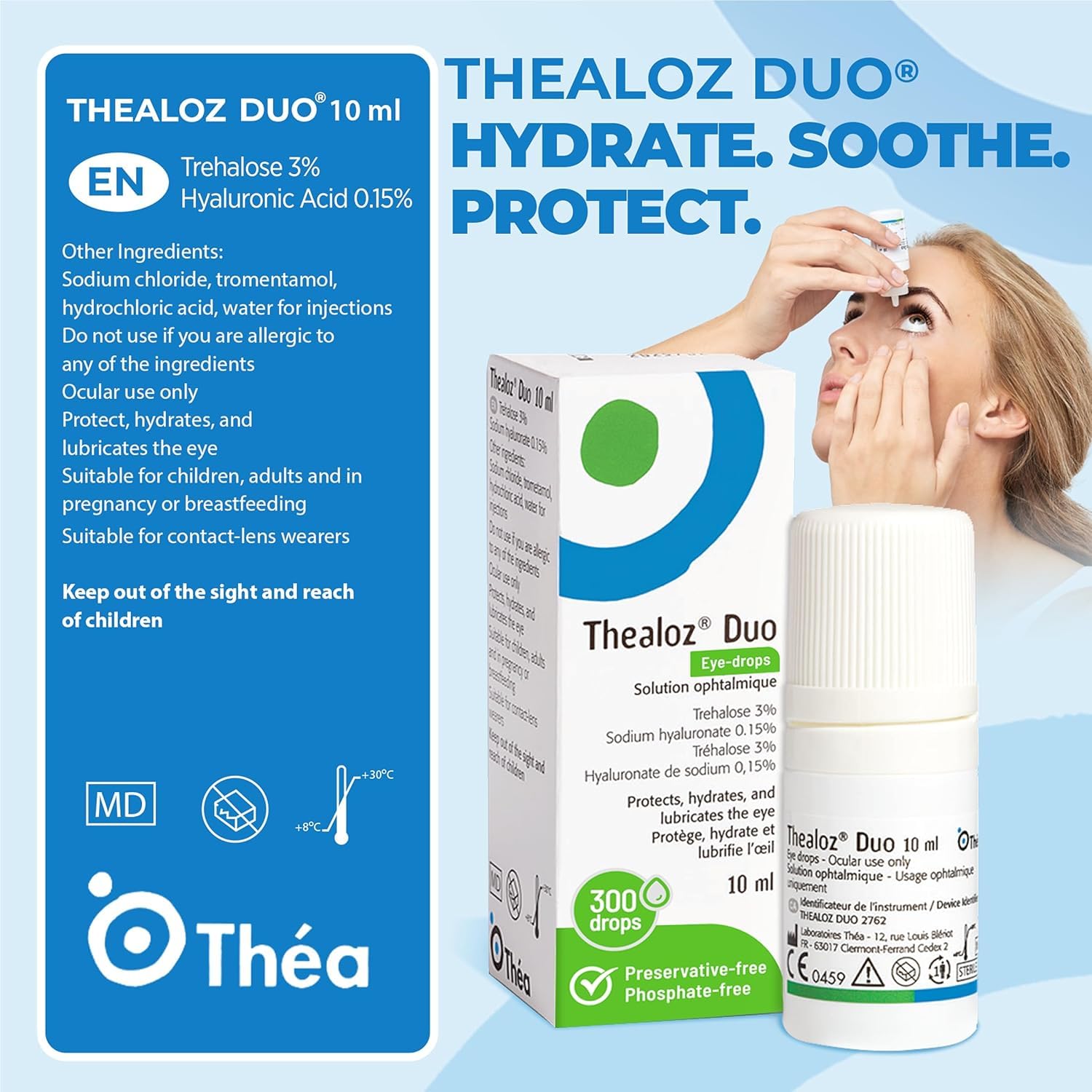 Thea Pharma Thealoz Duo Eye Drops, Clinically Proven for Dry Eyes, Hydration with Hyaluronic Acid & Trehalose, Tear Film Stabilization, Contact Lens Compatible - 10 ml (300 Drops)