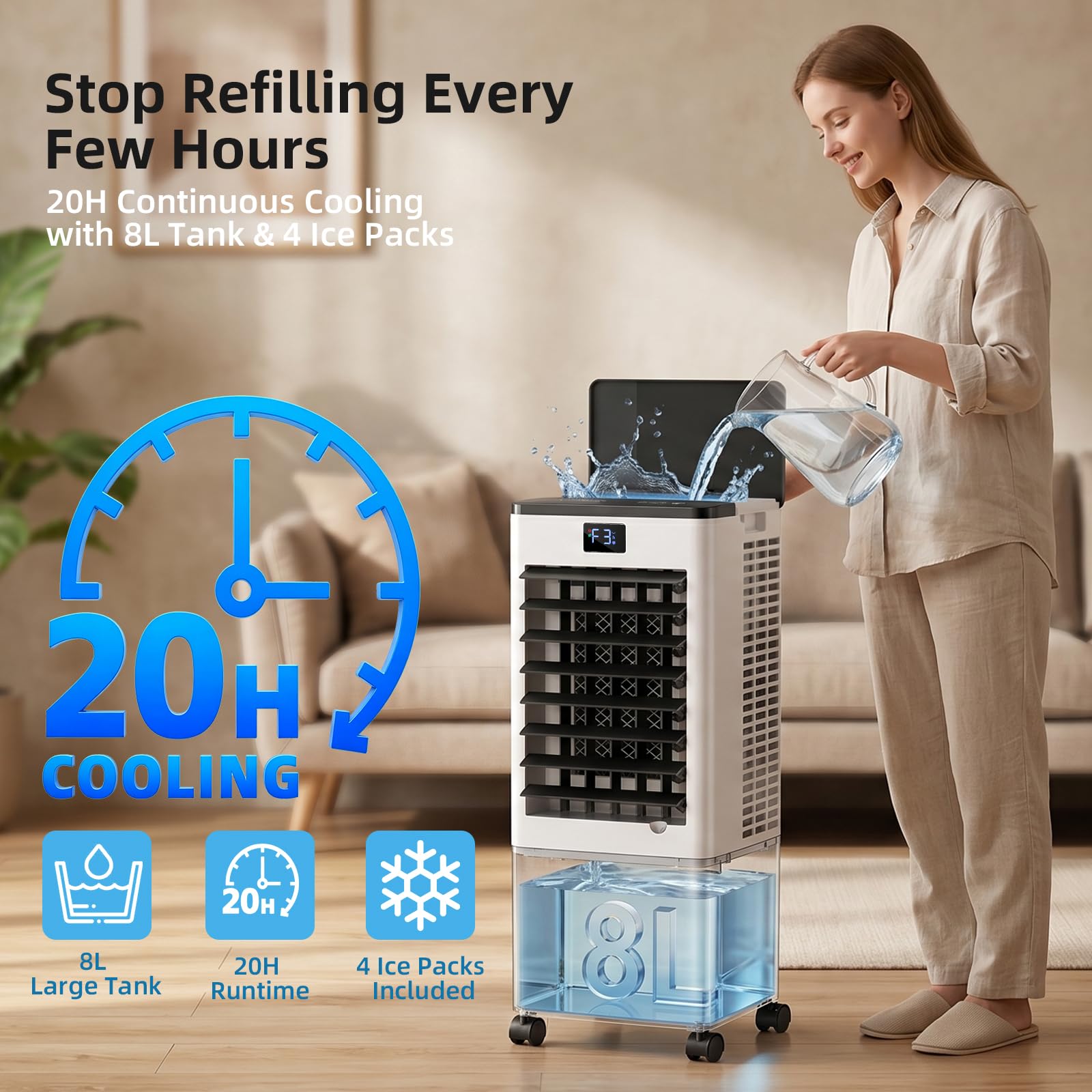 Portable Air Conditioners, Evaporative Air Cooler with Remote & LED Display, 120° Oscillation, 12H Timer, 3 Speeds & 4 Modes, 60W Energy-Efficient, Windowless Swamp Cooler for Bedroom Office Garage - Available at All In One Marketplace Canada