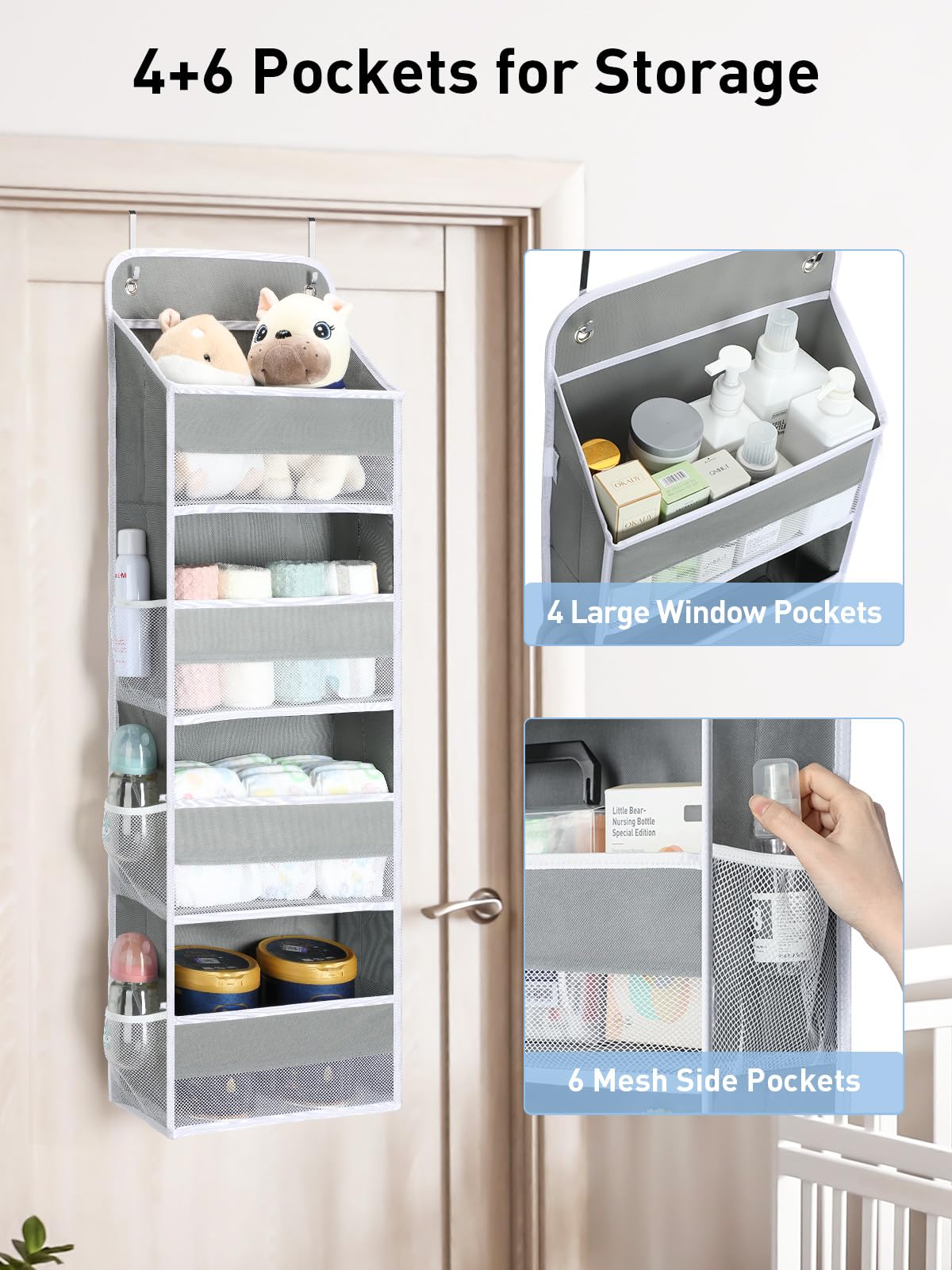 Yecaye 1 Pack Over the Door Organizer, 35.2lbs Load Closet Door Organizer Hanging, Swing-proof Diaper Organizer Storage with 4 Big Pockets 6 Mesh Pockets for Nursery Newborn Baby Essentials Stuff
