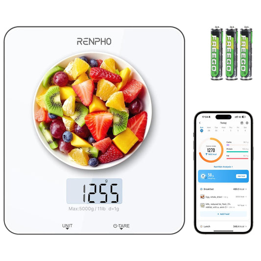RENPHO Smart Food Nutrition Kitchen Scale, Food Scale for Food Ounces and Grams, Coffee Scale with Timer, Nutritional Calculator for Keto, Macro, and Calorie with Smartphone App, White - Available at All In One Marketplace Canada